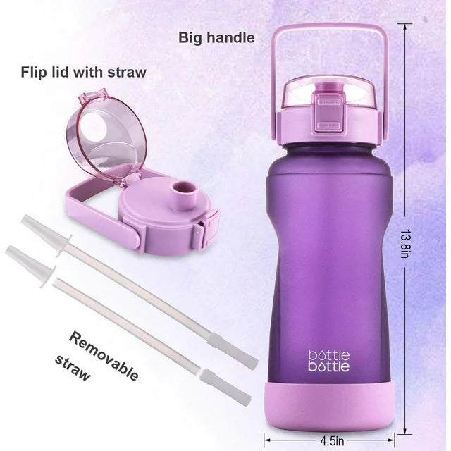 Half Gallon Water Bottle with Time Marker and Straw Workout Leak-proof Water Bottle for Adults and Kids 64oz Water Chug Jug with Protective Silicone Boot (Purple)