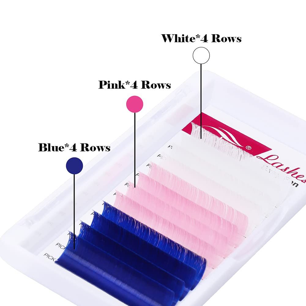 Volume Eyelash Extensions - Mixed White, Pink, Blue Lashes - 0.07mm D Curl 16mm