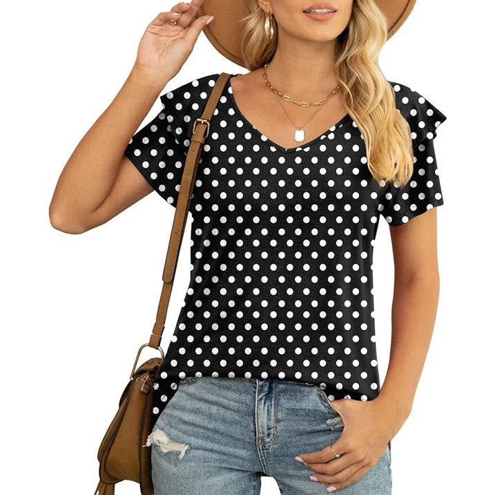 Womens Summer Tops Casual V Neck Ruffle Short Sleeve T Shirts Loose Fit Blouses- 3XL