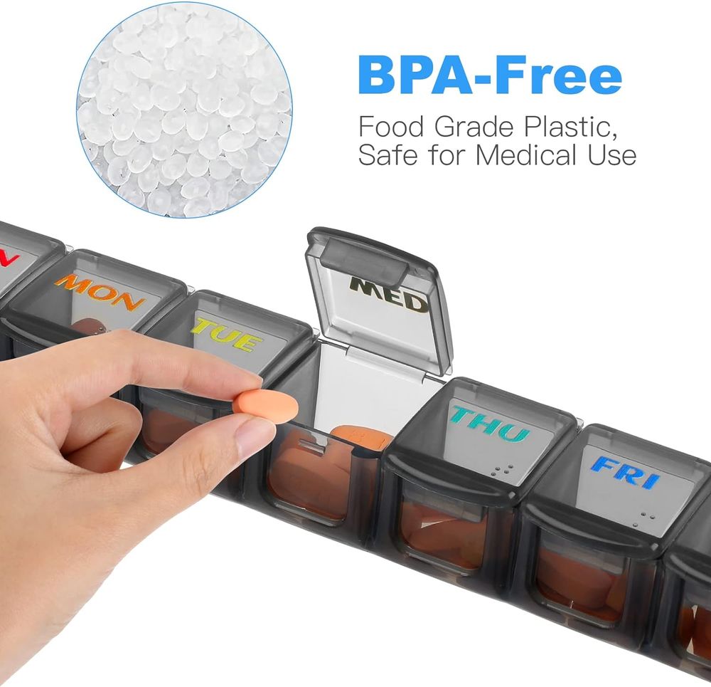 Weekly Pill Organizer Travel Pill Organizer Pill Box 7 Day Large Compartments BPA Free Portable Easy to Clean for Vitamin Fish Oil Cod Liver Oil Medicine Supplements 2pcs Black+White