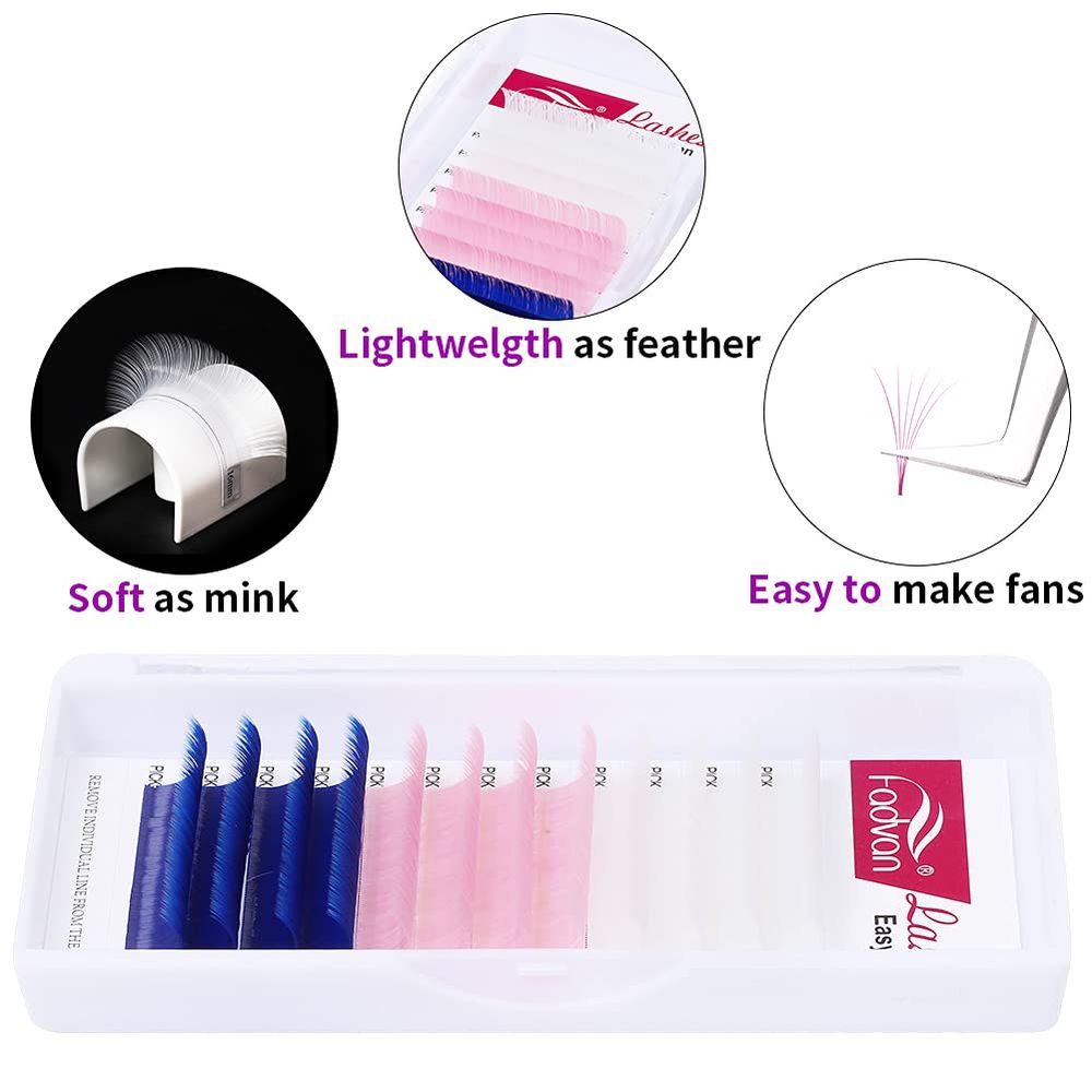 Volume Eyelash Extensions - Mixed White, Pink, Blue Lashes - 0.07mm D Curl 16mm