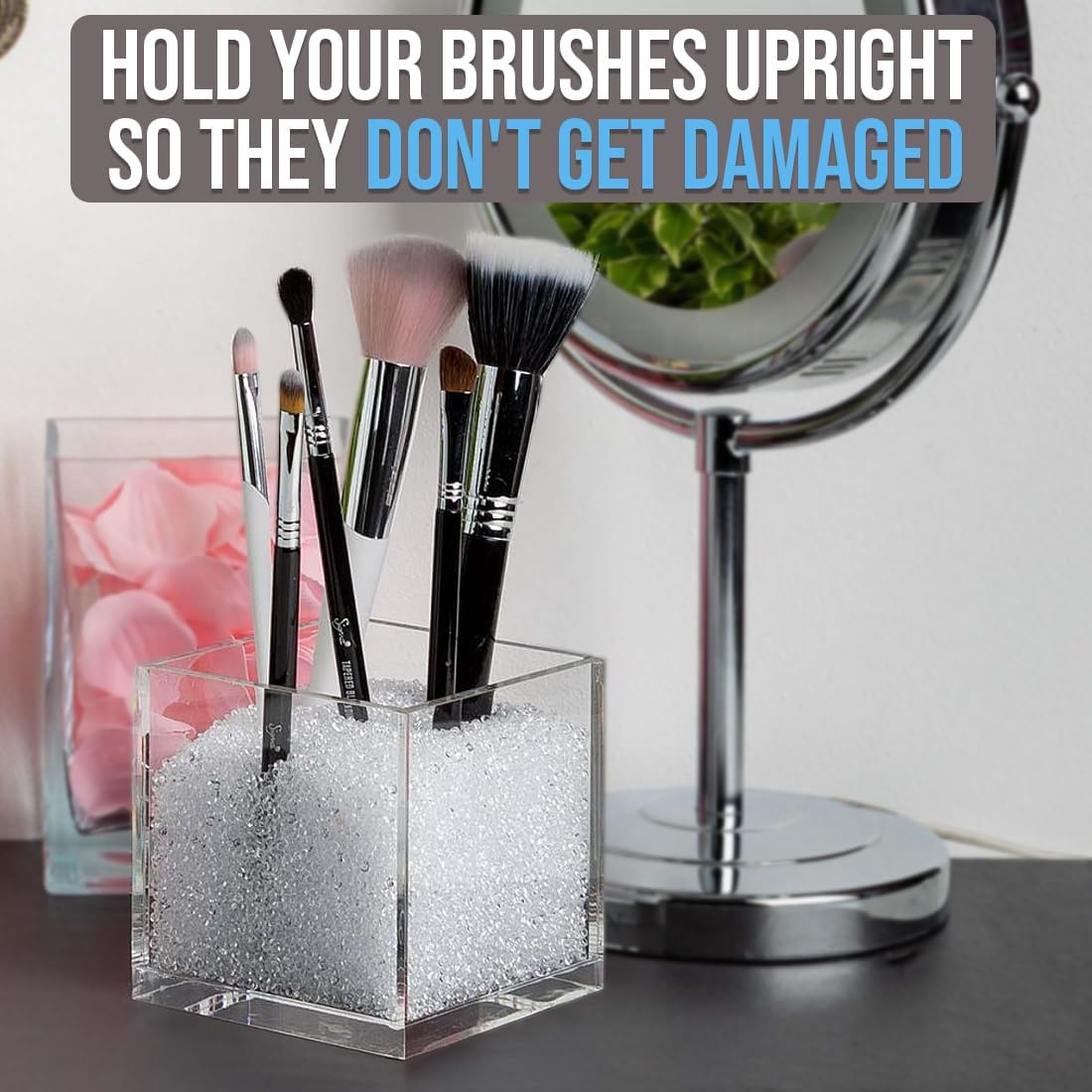 Acrylic Makeup Brush Holder with Beads - includes over 50,000 Beautiful Crystal-Clear Diamonds