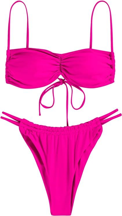 Bikini Sets Women 2 Piece Swimsuits Spaghetti Strap Brazilian Bikini Ruched Swimsuit Bathing Suit-M