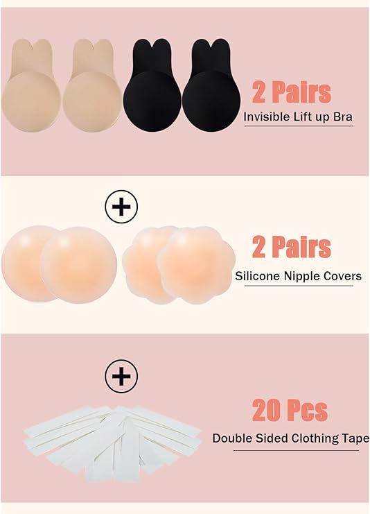 2 Pairs Silicone Sticky Bra, Invisible Adhesive Bra Push Up, Backless, Strapless