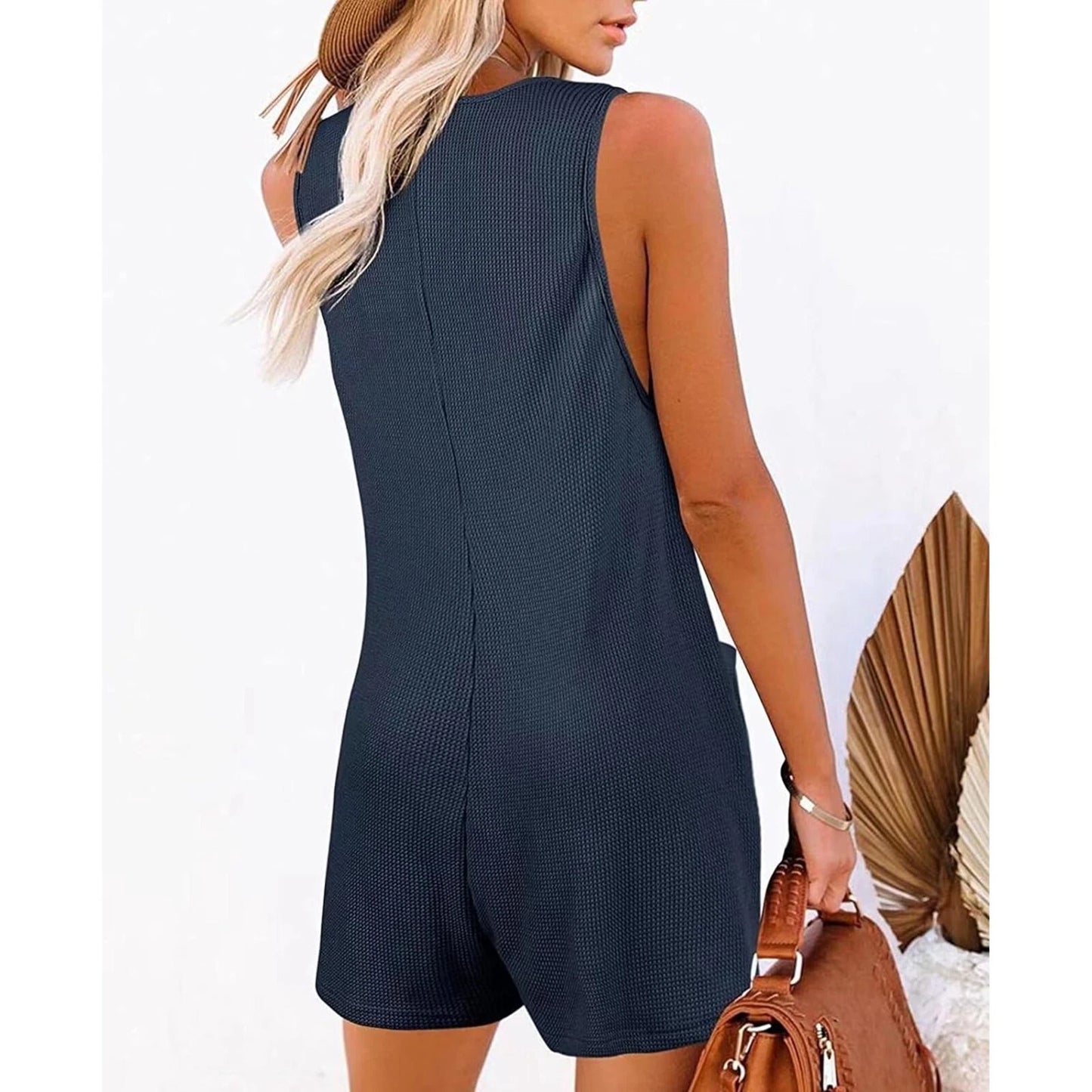 Women's Summer V Neck Casual Rompers Sleeveless Button Down Waffle Short Jumpsuits with Pockets, XL