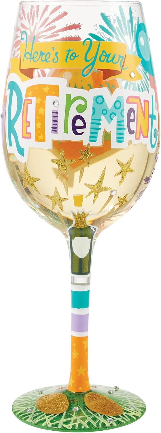 Enesco Designs by Lolita Here's to Your Retirement Hand-Painted Artisan Wine Glass, 15 Ounce, Multic...