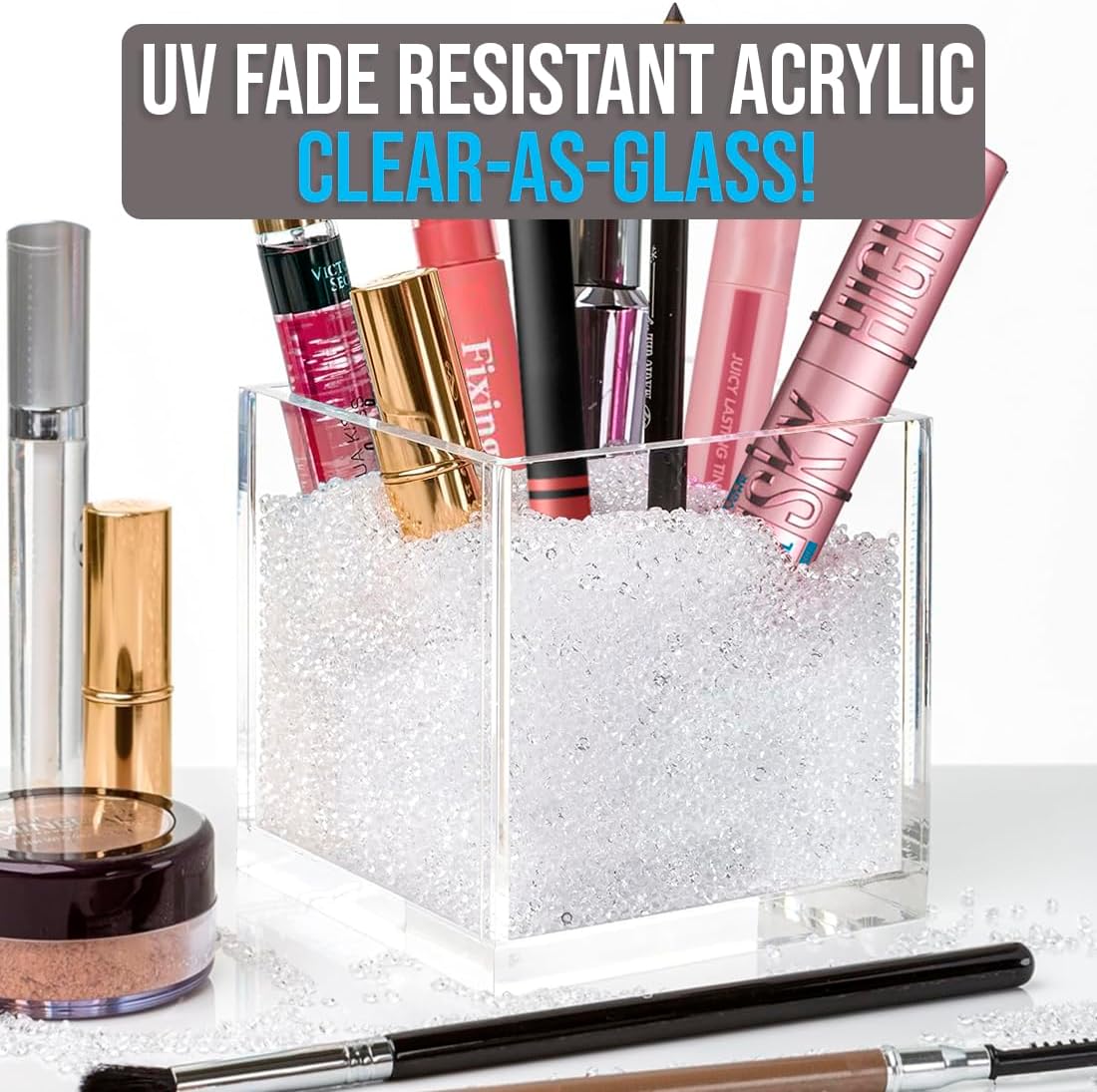 Acrylic Makeup Brush Holder with Beads - includes over 50,000 Beautiful Crystal-Clear Diamonds