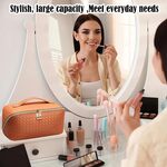 SLIFOUE Large Capacity Travel Cosmetic Bag, Waterproof Portable PU Leather Makeup Organizer Bag with Dividers and Handle (Checkered/Brown)