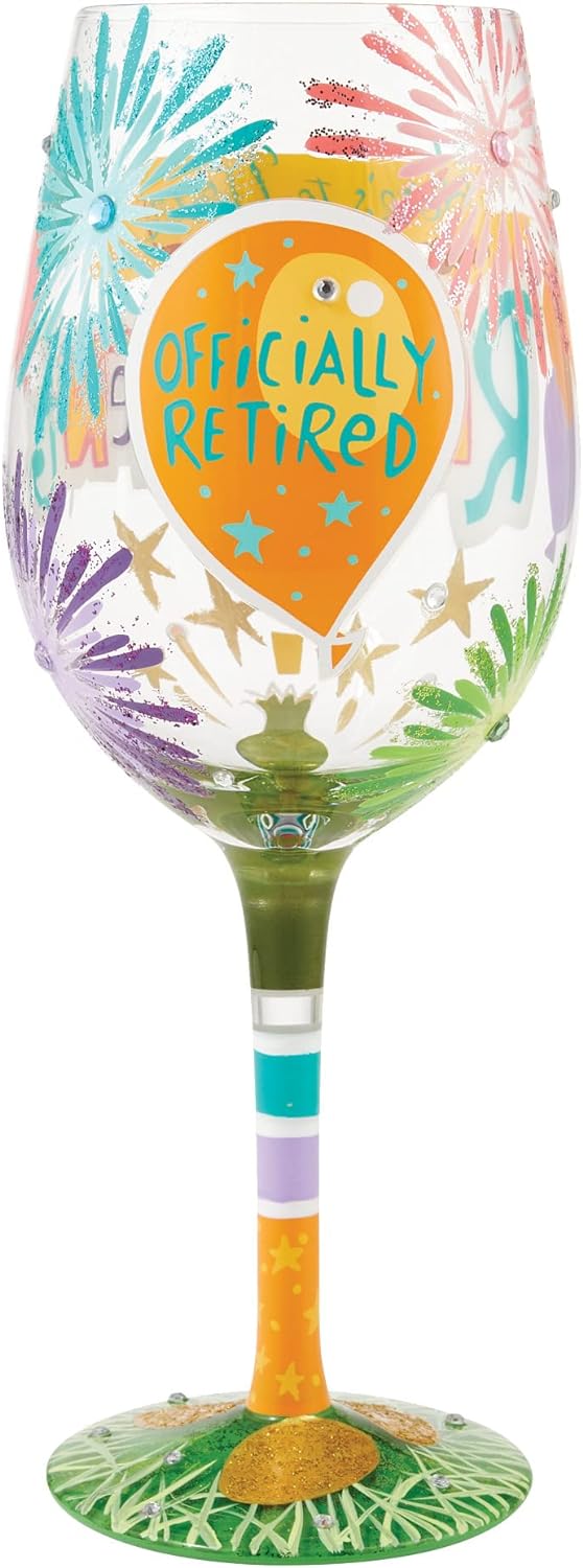 Enesco Designs by Lolita Here's to Your Retirement Hand-Painted Artisan Wine Glass, 15 Ounce, Multic...