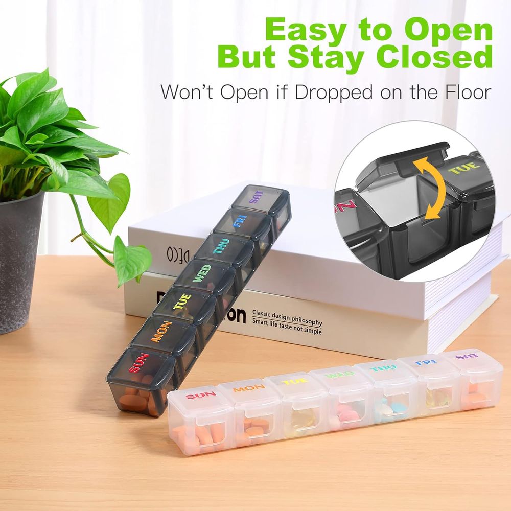 Weekly Pill Organizer Travel Pill Organizer Pill Box 7 Day Large Compartments BPA Free Portable Easy to Clean for Vitamin Fish Oil Cod Liver Oil Medicine Supplements 2pcs Black+White