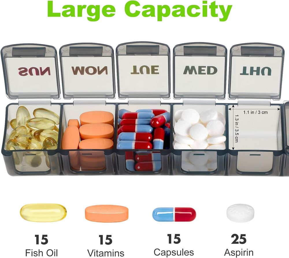 Weekly Pill Organizer Travel Pill Organizer Pill Box 7 Day Large Compartments BPA Free Portable Easy to Clean for Vitamin Fish Oil Cod Liver Oil Medicine Supplements 2pcs Black+White