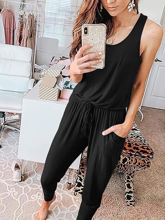 Women's Causal Tank Jumpsuits Sleeveless Drawstring Elastic Waist Loose Summer Romper Outfits with Pockets (2XL)