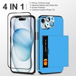 iPhone 15 Case with Card Holder & Screen Protector & Camera Cover 4-in-1 Full Body Hybrid iPhone 15 Protective Case Wallet Shockproof (Light Blue)