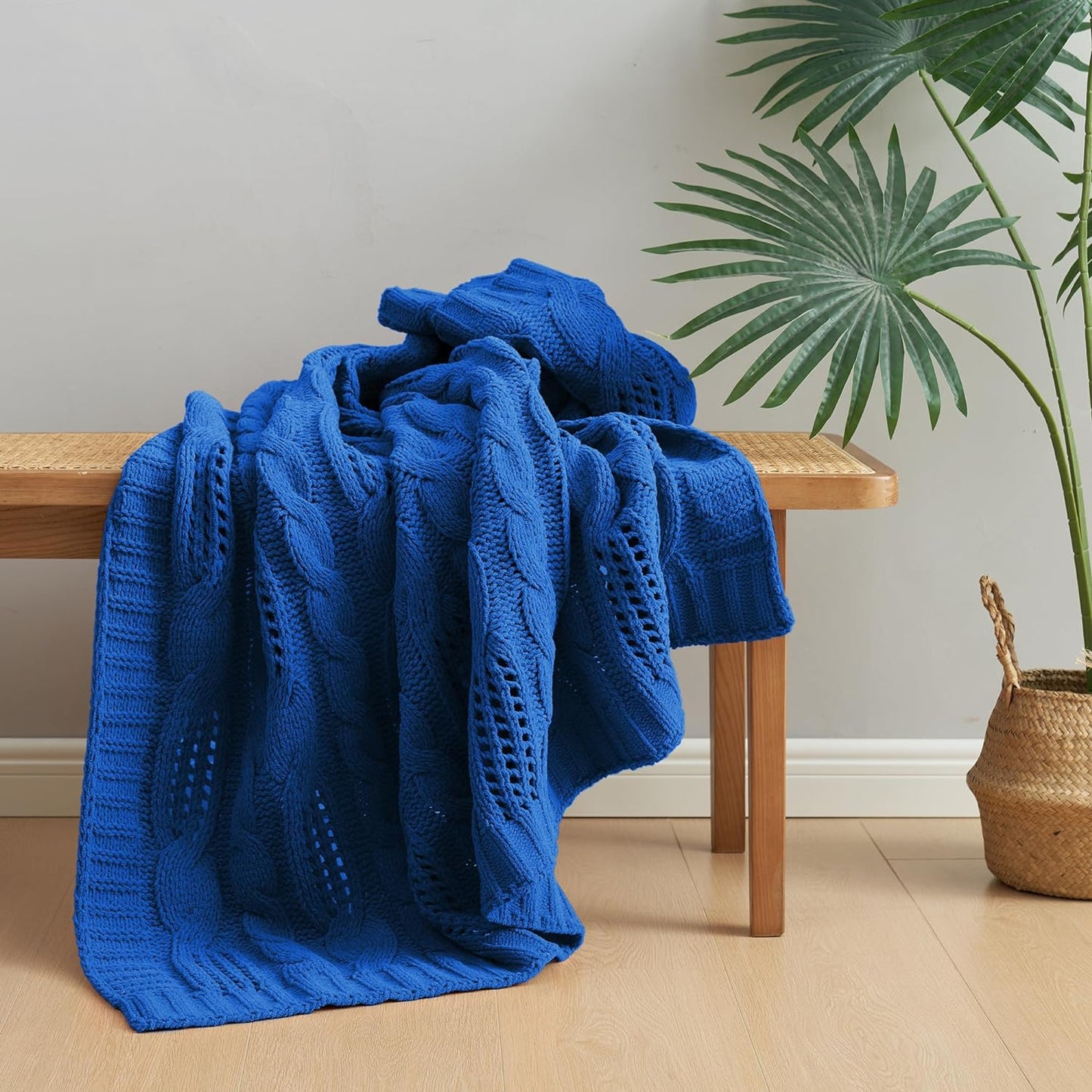 Cable Knitted Throw Blanket for Couch, Chenille Chunky Knit Throw Blanket, Decorative Farmhouse Soft and Cozy Throw Blanket for Sofa Chair Bed, Blue,50 x 60