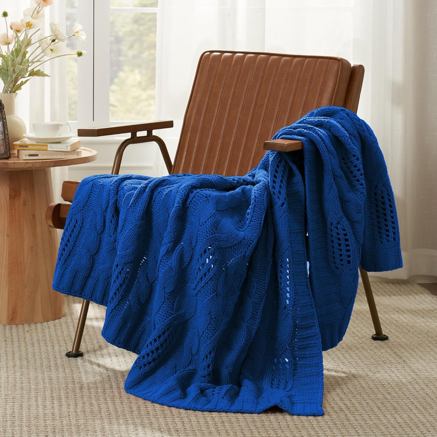 Cable Knitted Throw Blanket for Couch, Chenille Chunky Knit Throw Blanket, Decorative Farmhouse Soft and Cozy Throw Blanket for Sofa Chair Bed, Blue,50 x 60