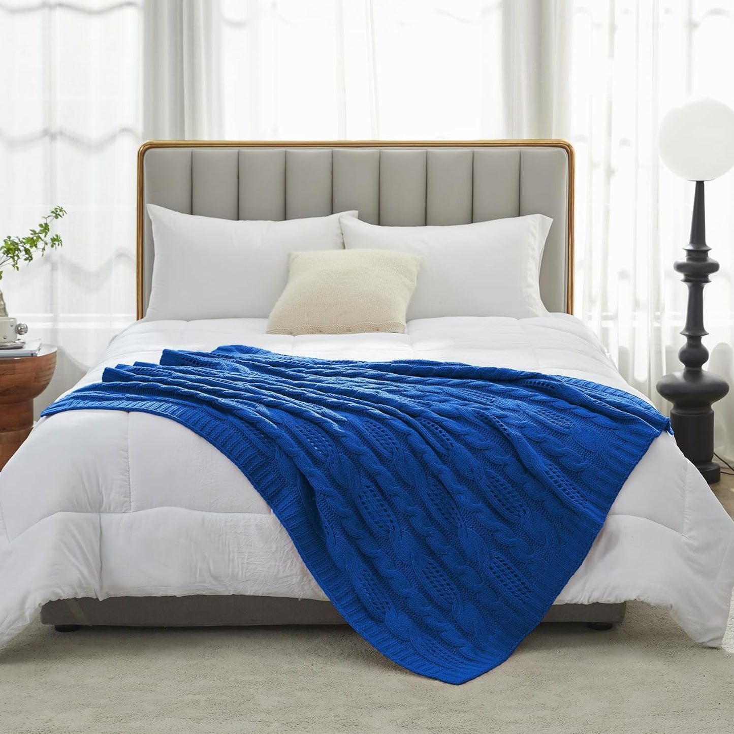 Cable Knitted Throw Blanket for Couch, Chenille Chunky Knit Throw Blanket, Decorative Farmhouse Soft and Cozy Throw Blanket for Sofa Chair Bed, Blue,50 x 60