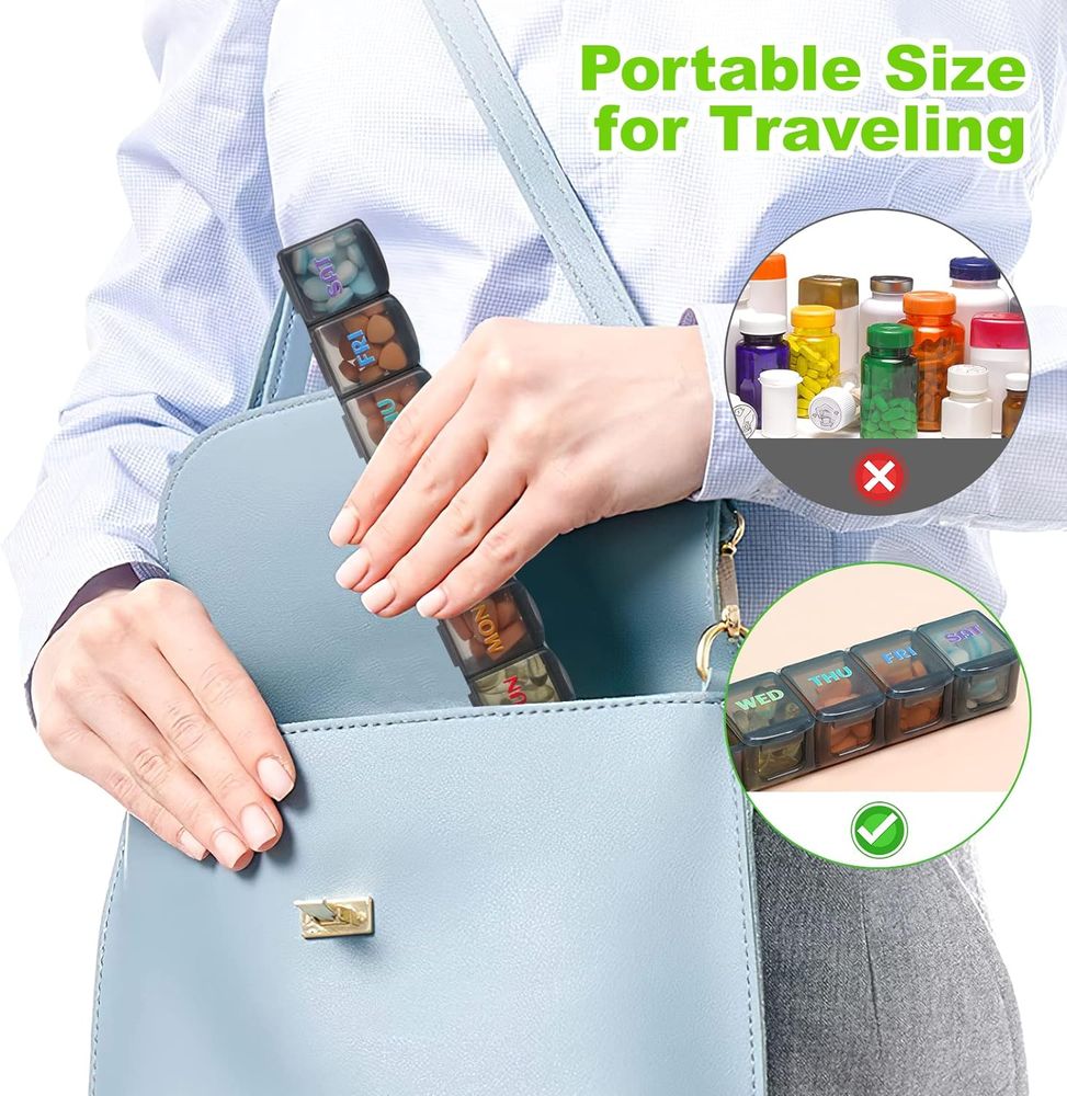 Weekly Pill Organizer Travel Pill Organizer Pill Box 7 Day Large Compartments BPA Free Portable Easy to Clean for Vitamin Fish Oil Cod Liver Oil Medicine Supplements 2pcs Black+White