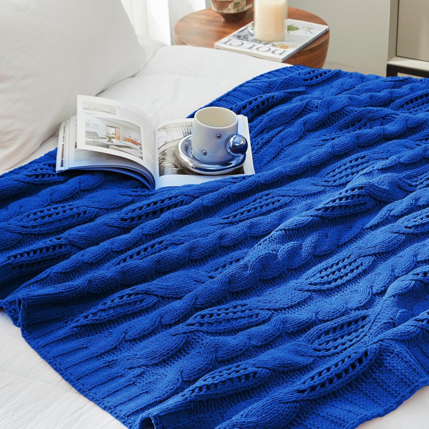 Cable Knitted Throw Blanket for Couch, Chenille Chunky Knit Throw Blanket, Decorative Farmhouse Soft and Cozy Throw Blanket for Sofa Chair Bed, Blue,50 x 60