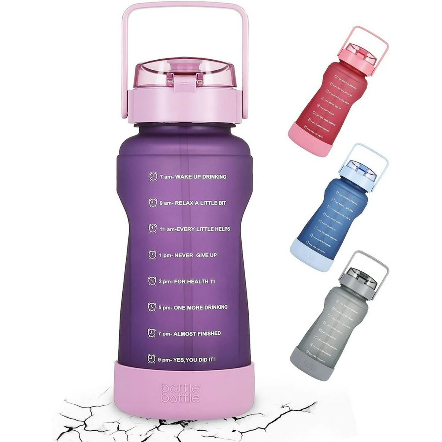 Half Gallon Water Bottle with Time Marker and Straw Workout Leak-proof Water Bottle for Adults and Kids 64oz Water Chug Jug with Protective Silicone Boot (Purple)