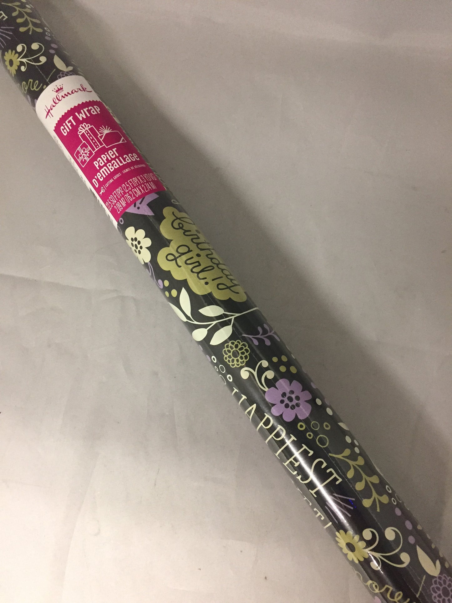 Hallmark EJR229 Purple, Ivory and Green Floral Birthday on Black Roll Wrap