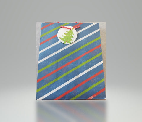 Hallmark Red, White, & Green Striped on Blue Gift Bag W/ Christmas Tree Tag