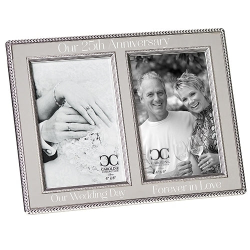 Roman 19927 Our 25th Anniversary Silvertone Beaded Double Picture Frame