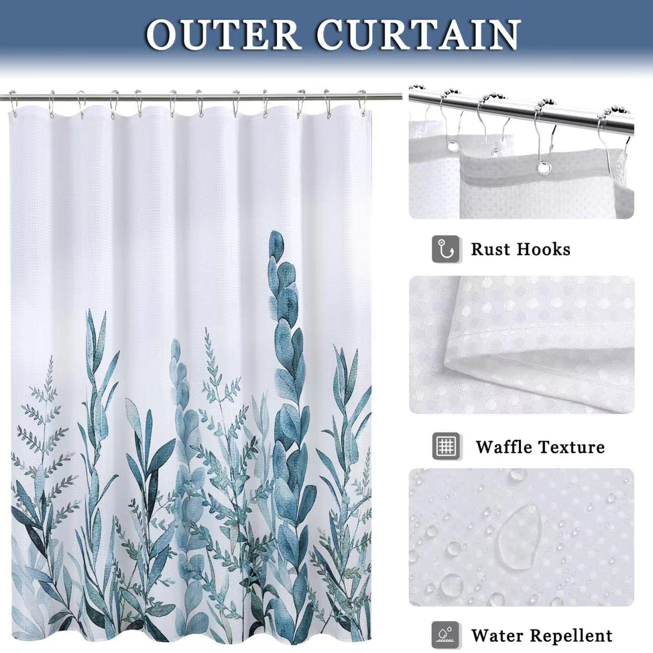 Blue Leaves Shower Curtain with Hooks Water Repellent Washable 72 x 72 In