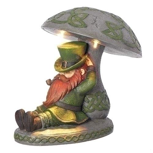Roman 12077 LED Leprechaun Sleeping Under Mushroom Garden Statue, 10" H Irish Home Outdoor
