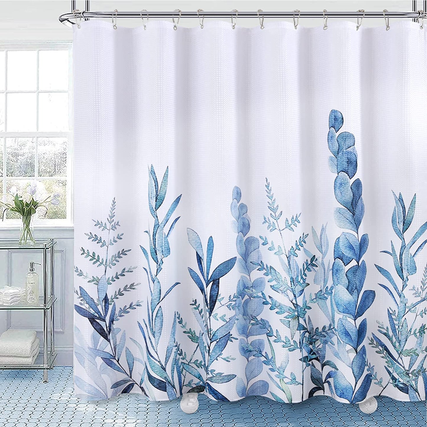 Blue Leaves Shower Curtain with Hooks Water Repellent Washable 72 x 72 In