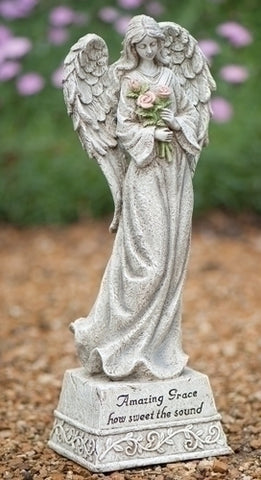 Roman 65462 Exclusive Standing Angel with Roses and Amazing Grace Verse, 14-Inch, Made of Resin Stone