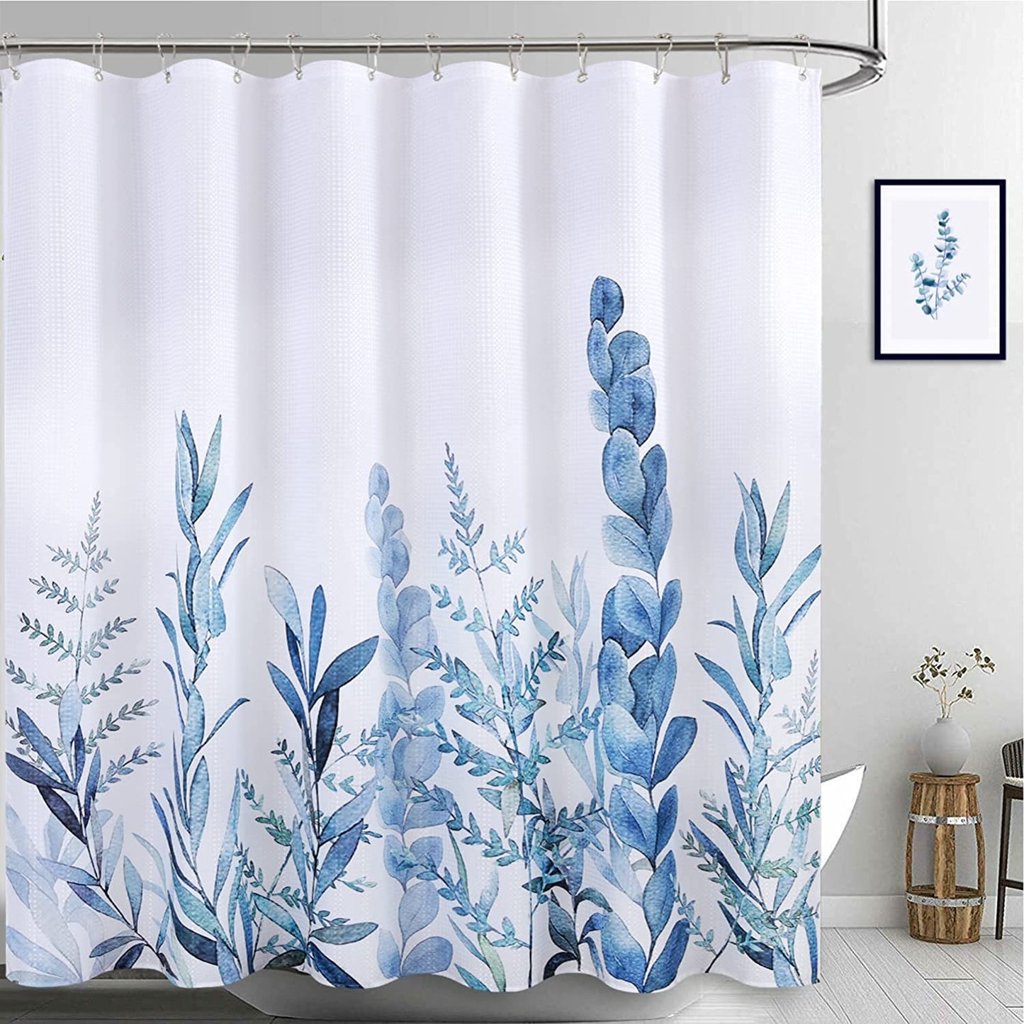 Blue Leaves Shower Curtain with Hooks Water Repellent Washable 72 x 72 In
