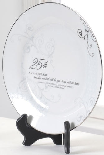 Roman 61208 25th Wedding Anniversary Love Sees with the Heart Porcelain Plate with Stand