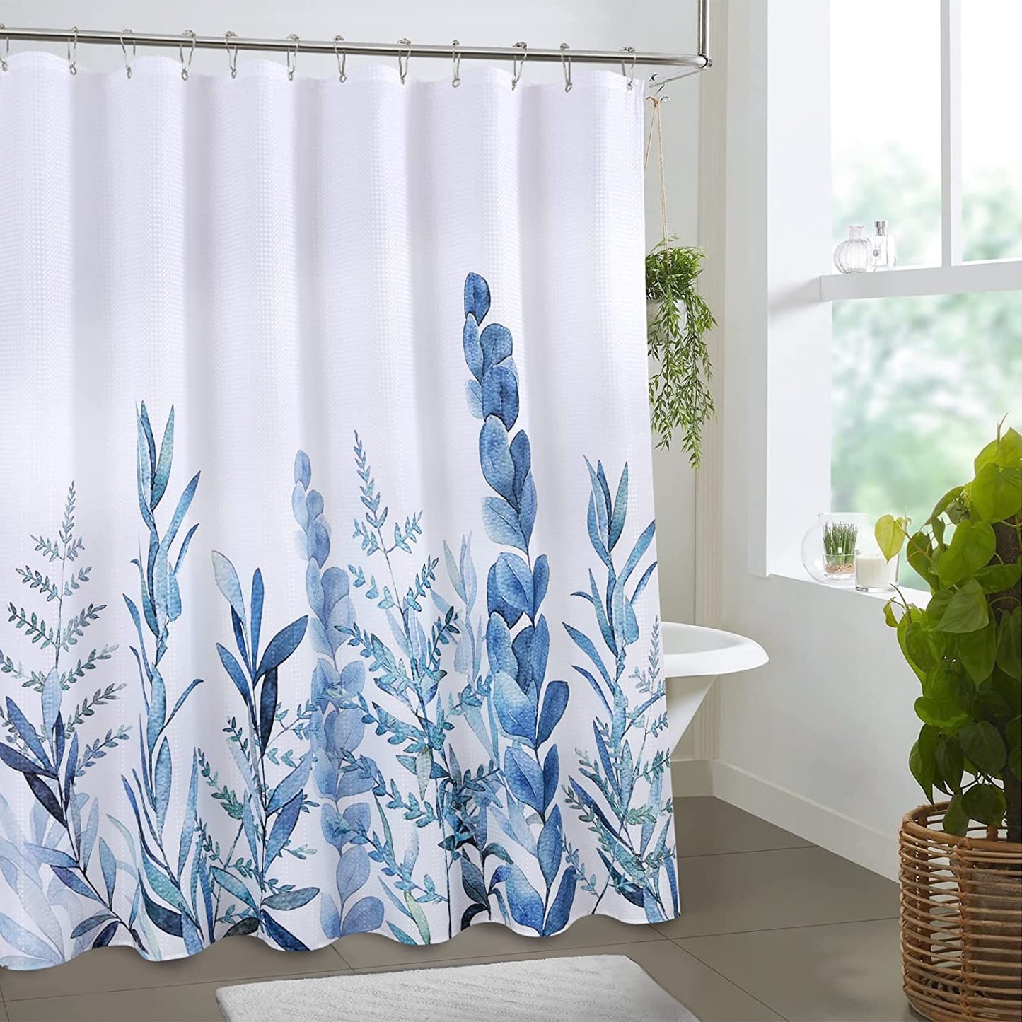 Blue Leaves Shower Curtain with Hooks Water Repellent Washable 72 x 72 In