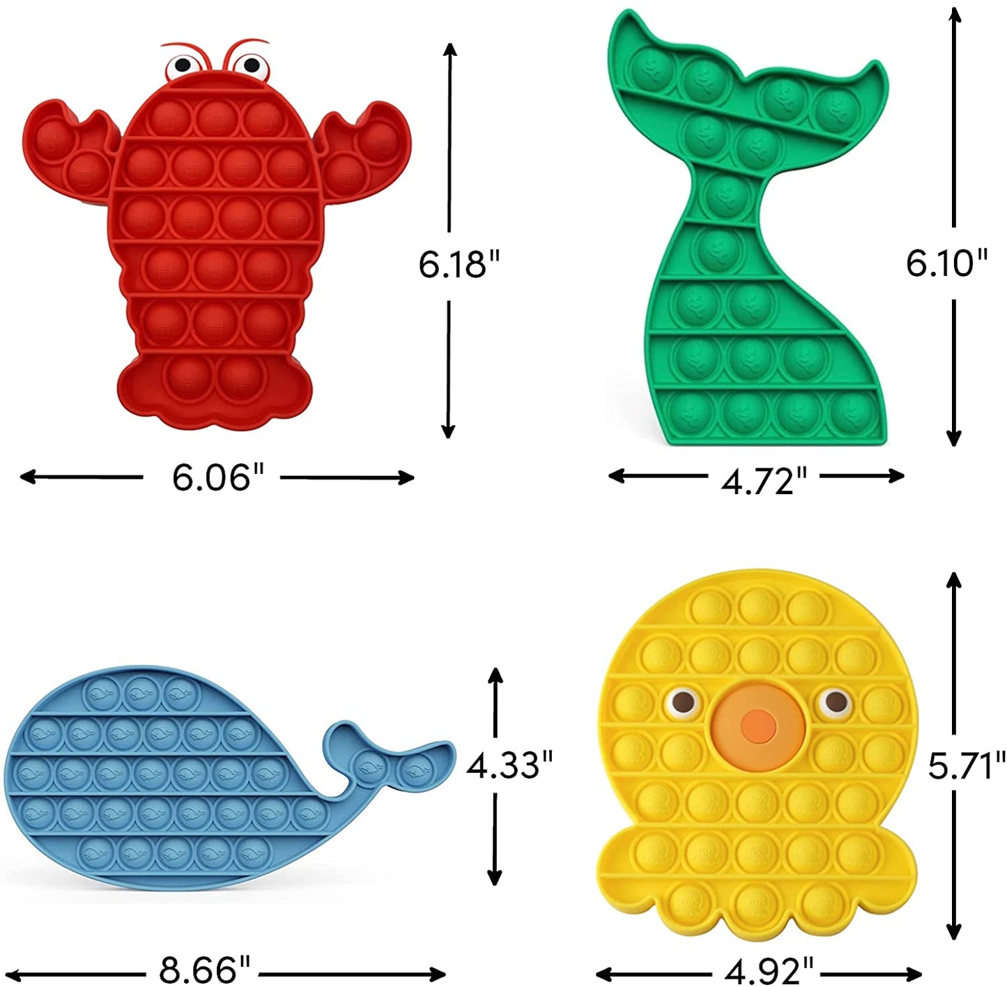 4 Pack Pop It Fidget Toys for Anxiety Stress Relief Toy Set Whale Octopus Mermaid Lobster