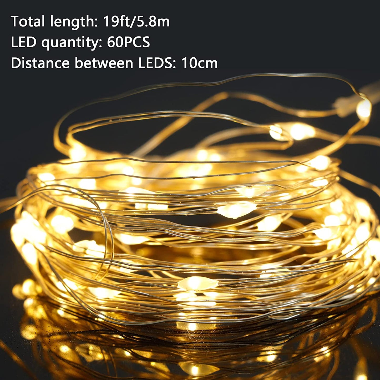 Fairy Lights Battery Operated,60 LED Mini Silver Copper Wire String Lights, IP65 Waterproof