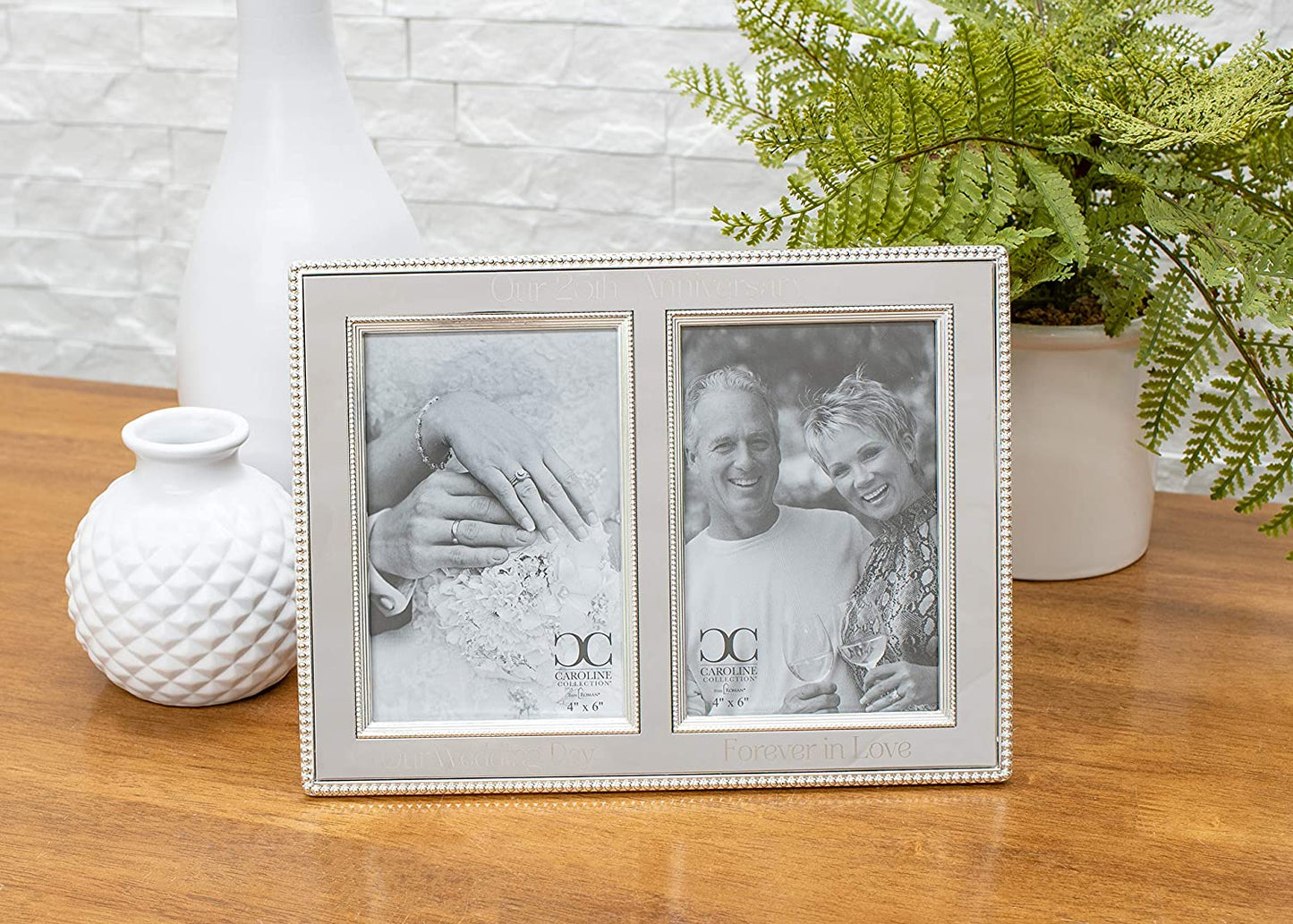 Roman 19927 Our 25th Anniversary Silvertone Beaded Double Picture Frame