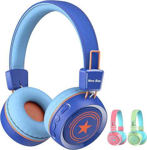 New bee Kids Bluetooth Headphones with Microphone Bluetooth 5.0 Wireless Kids Headphones with 32H Playtime/94dB Volume Limited On Ear Headphones for School/Girls/Boys/iPad/Fire Tablet(Blue)