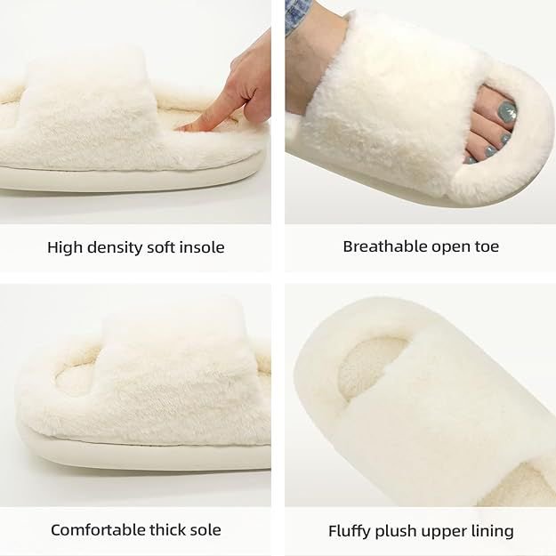 House Slippers For Woman Open Toe, Slides For Women Men Platform, Cute Slippers for Women Indoor Outdoor Fluffy Slippers- White SZ 5.5-6
