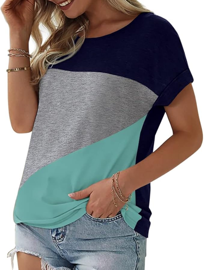 Women's Color Block Short Sleeve Tops Casual Summer T-Shirt, Navy Blue/Grey/Blue, Medium