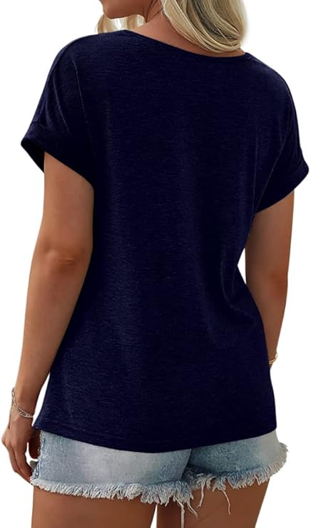 Women's Color Block Short Sleeve Tops Casual Summer T-Shirt, Navy Blue/Grey/Blue, Medium