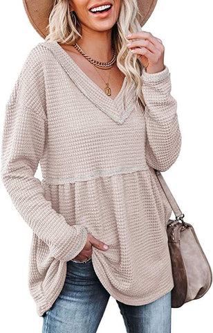 Women's Waffle V Neck Tunic Peplum Flowy Long Sleeve Pullover Sweaters Khaki, Small