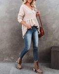 Women's Waffle V Neck Tunic Peplum Flowy Long Sleeve Pullover Sweaters Khaki, Small