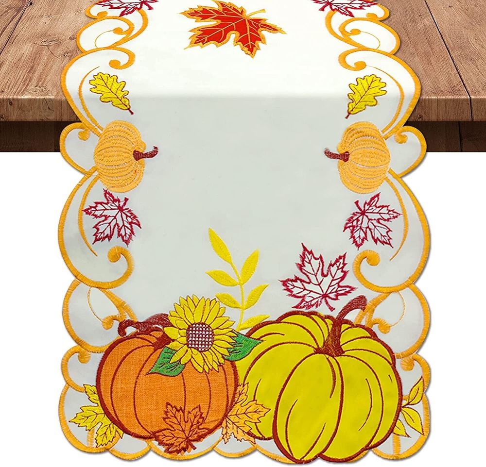 Hexagram Embroidered Fall Table Runners, Cutwork Maple Leaves and Fall Dress Scarves Pumpkin 13"x69"