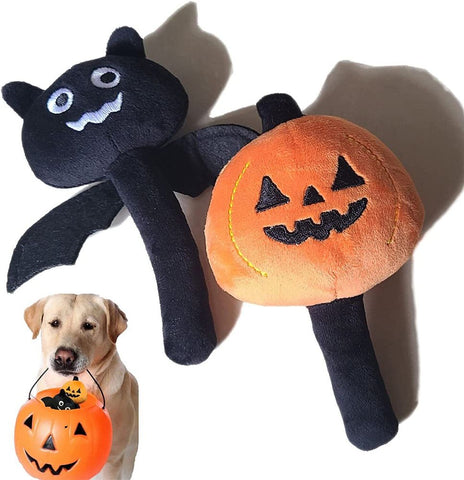 Halloween Dog Toys for Small Dog, 2pcs Dog Teething Toys Cute Pumpkin and Bat Shaped, Soft Plush