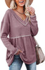 Foshow Women's Waffle V Neck Tunic Peplum Flowy Long Sleeve Pullover Sweaters Purple, Large