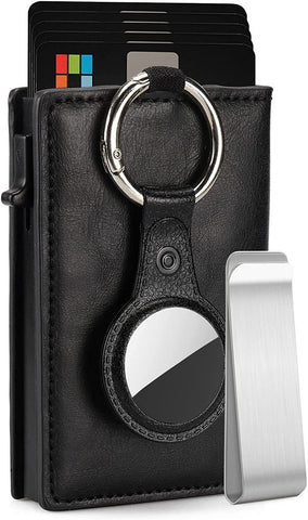 Men's Leather AirTag Wallet with Money Clip, Detachable Airtag Holder RFID & Gift Box, Black