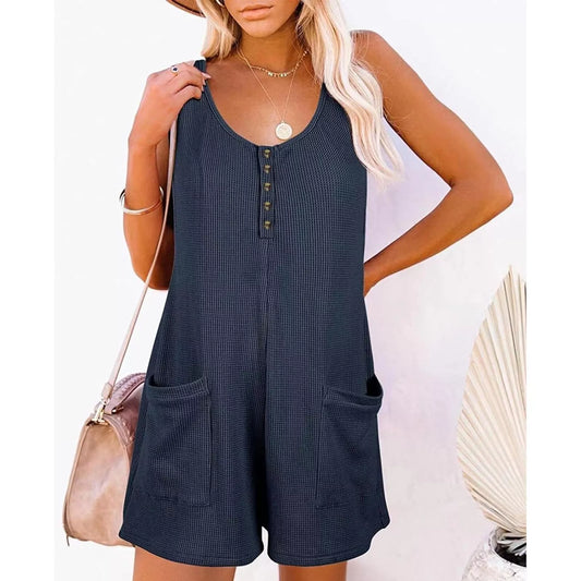 Women's Summer V Neck Casual Rompers Sleeveless Button Down Waffle Short Jumpsuits with Pockets, XL