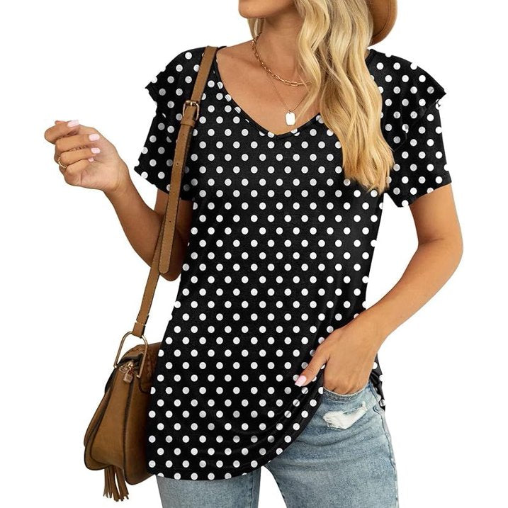 Womens Summer Tops Casual V Neck Ruffle Short Sleeve T Shirts Loose Fit Blouses- 3XL