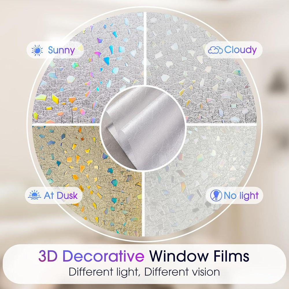 Window Privacy Film Stained Glass Window Clings 3D Rainbow Decorative Door Window Covering Stickers Static Cling Non Adhesive Removable Home Winter Window Vinyl, 17.5 x 78.7 inch