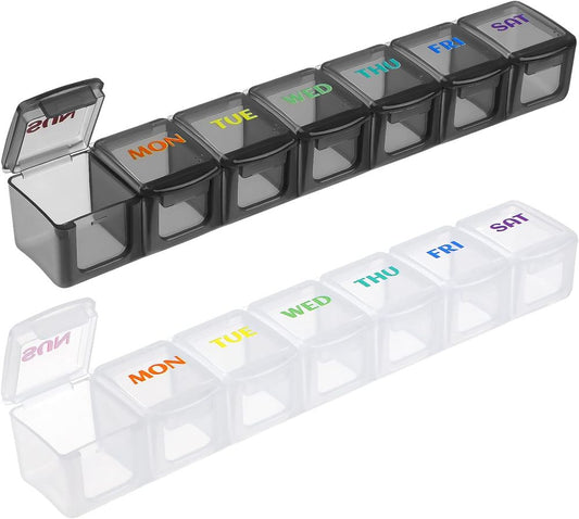 Weekly Pill Organizer Travel Pill Organizer Pill Box 7 Day Large Compartments BPA Free Portable Easy to Clean for Vitamin Fish Oil Cod Liver Oil Medicine Supplements 2pcs Black+White